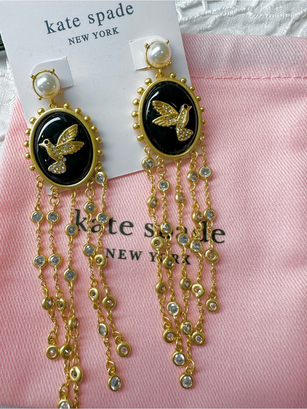 kate spade Gold, Black and Pearl Dove Tassel Drop Earrings